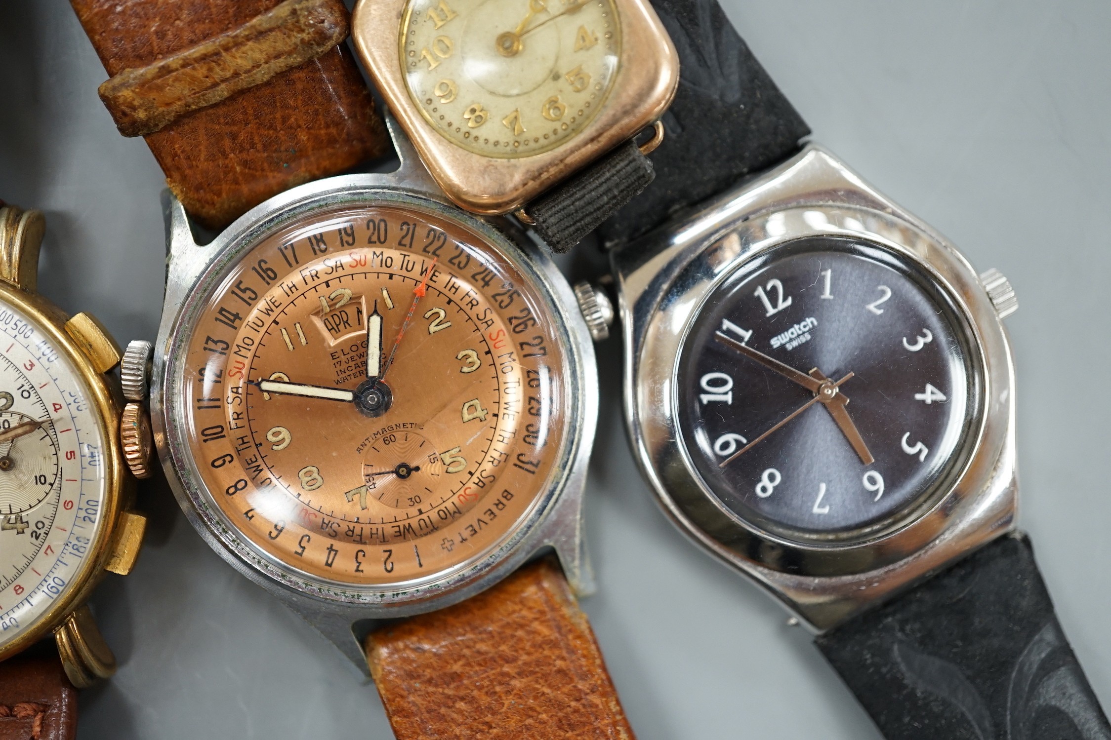 Five gentleman's assorted 1950's and later steel or steel and gold plated wrist watches including Smiths and Bucherer and a lady's 9ct gold wrist watch.